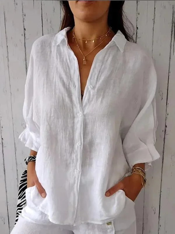 Women’s Button-Up Shirt – Linen – Relaxed Fit – Long Sleeve – Adjustable Cuffs