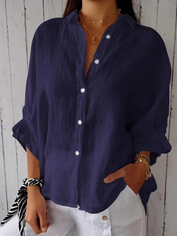 Women’s Button-Up Shirt – Linen – Relaxed Fit – Long Sleeve – Adjustable Cuffs