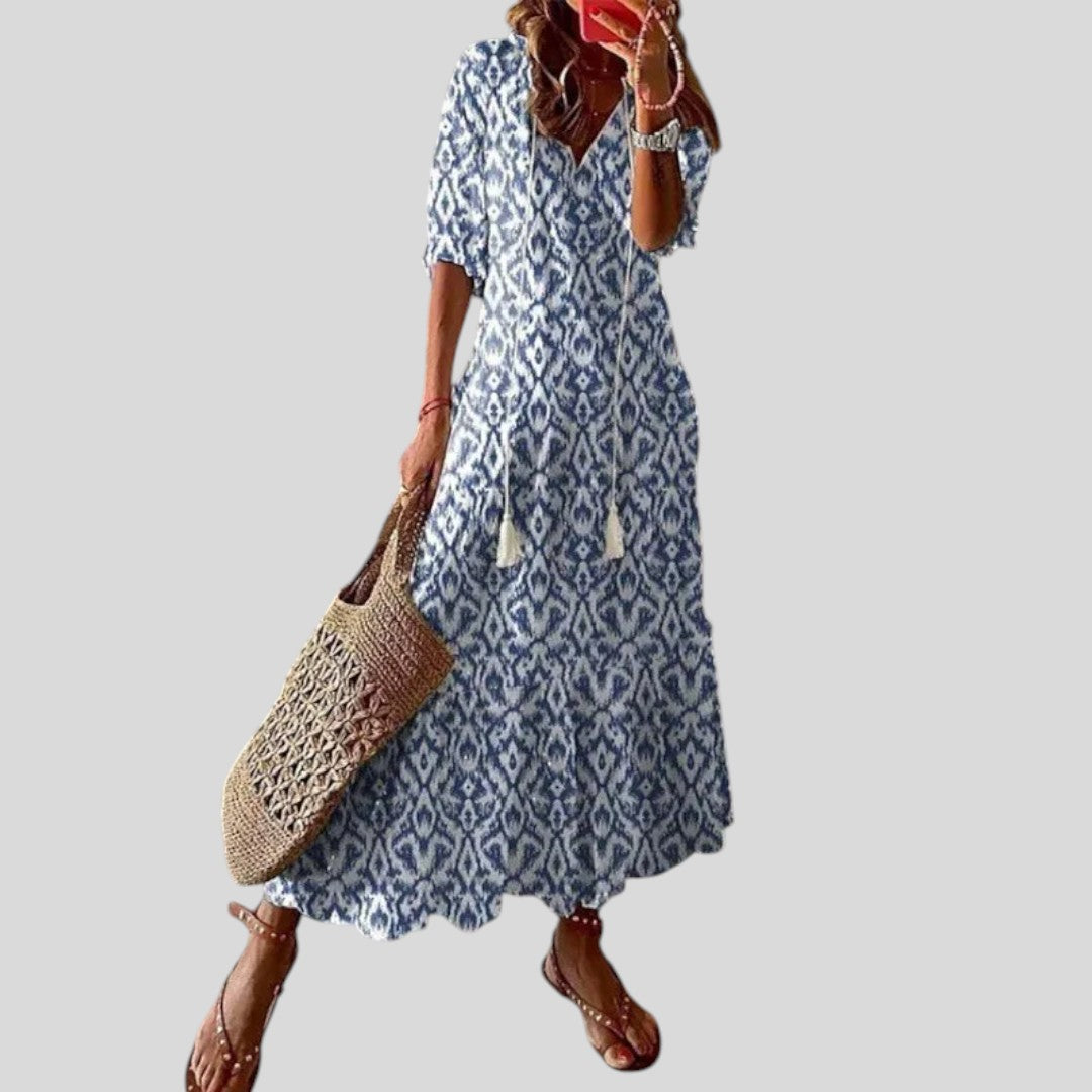 Andrea | Boho Vintage V-Neck Printed Dress