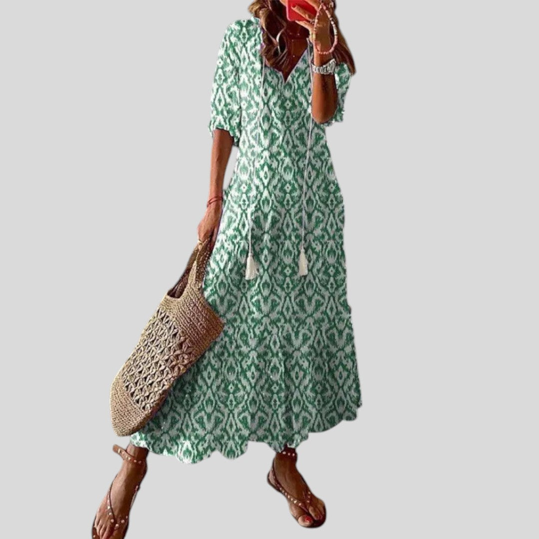 Andrea | Boho Vintage V-Neck Printed Dress