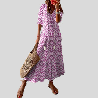 Andrea | Boho Vintage V-Neck Printed Dress
