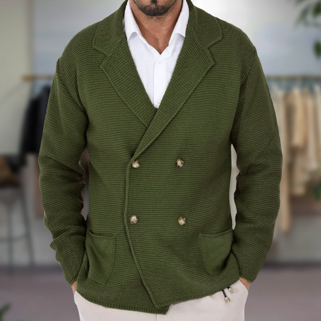 Men’s Cardigan – Wool Blend – Regular Fit – Double-Breasted – Blazer Lapel – Ribbed Knit