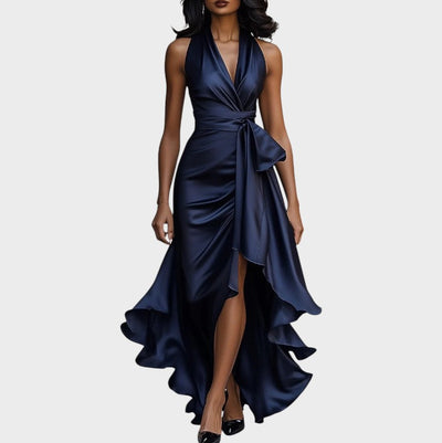 Lina | Midnight elegant satin dress with halter neck and ruffles