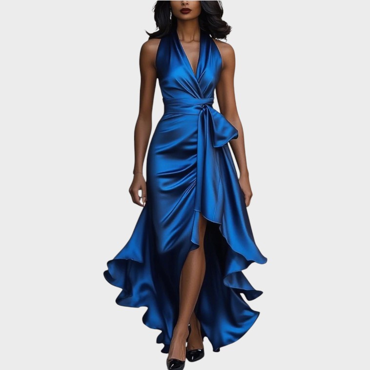 Lina | Midnight elegant satin dress with halter neck and ruffles