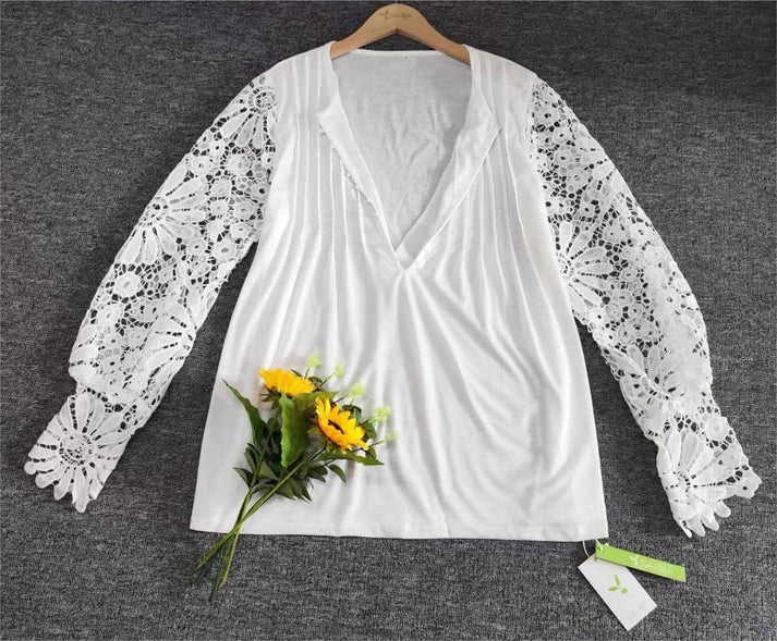 Avencea Top | White Blouse with Lace Sleeves