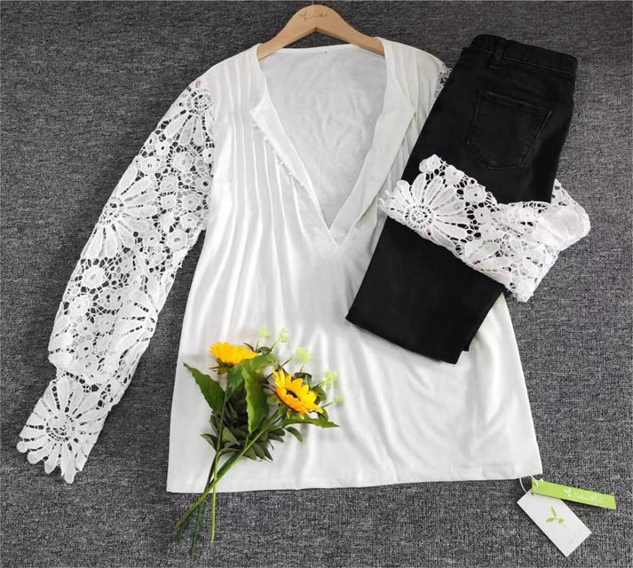 Avencea Top | White Blouse with Lace Sleeves