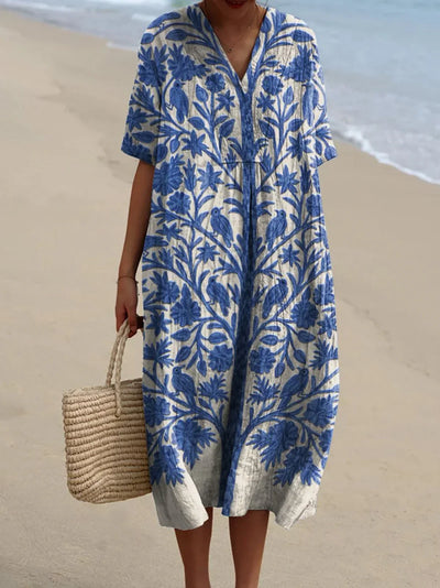 Eleanor | Blue Botanical Bird Print Midi Dress