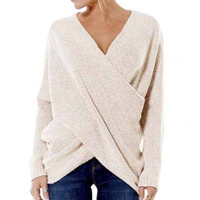 Women’s Pullover – Ribbed Knitted – Relaxed Fit – V-Neck Crossover – Long Sleeve