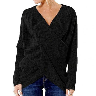 Women’s Pullover – Ribbed Knitted – Relaxed Fit – V-Neck Crossover – Long Sleeve