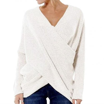 Women’s Pullover – Ribbed Knitted – Relaxed Fit – V-Neck Crossover – Long Sleeve