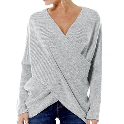 Women’s Pullover – Ribbed Knitted – Relaxed Fit – V-Neck Crossover – Long Sleeve