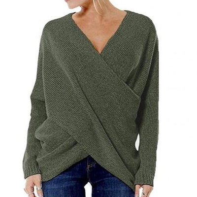 Women’s Pullover – Ribbed Knitted – Relaxed Fit – V-Neck Crossover – Long Sleeve