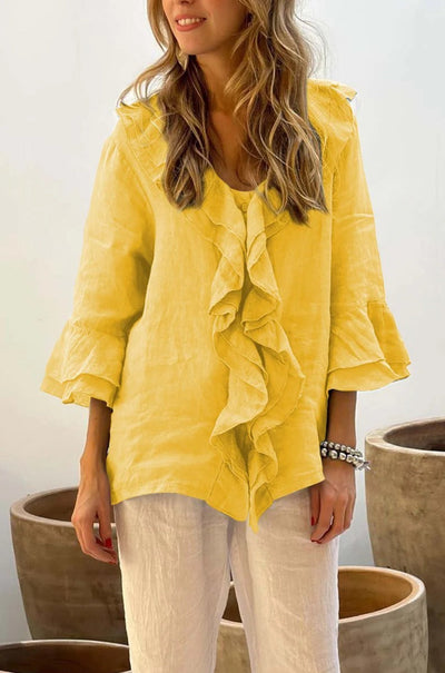 Women's Ruffled Blouse - 3/4 Sleeves - Casual and Chic